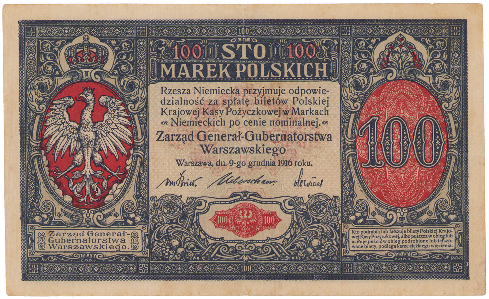 100 marek polskich 1916 seria A, Generał - RZADKOŚĆ R4